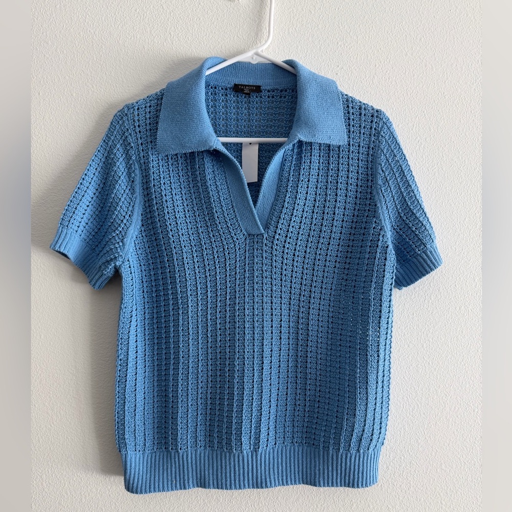 Talbots Pointelle Stitch Cotton Blend Blue Polo Sweater